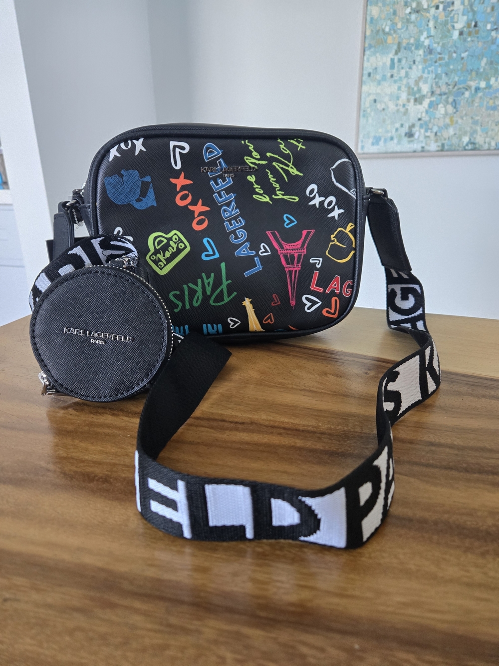 Karl Lagerfeld Black Graffiti Crossbody Bag with Coin Pouch